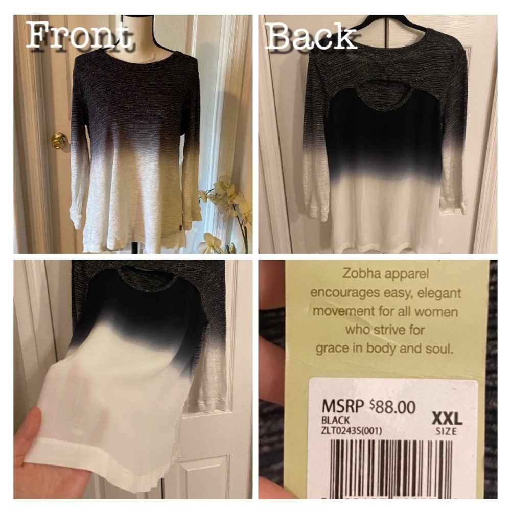 Black & White Ombré Hand-Dyed Mixed Media Top, Ladies Size XXL. NWT!